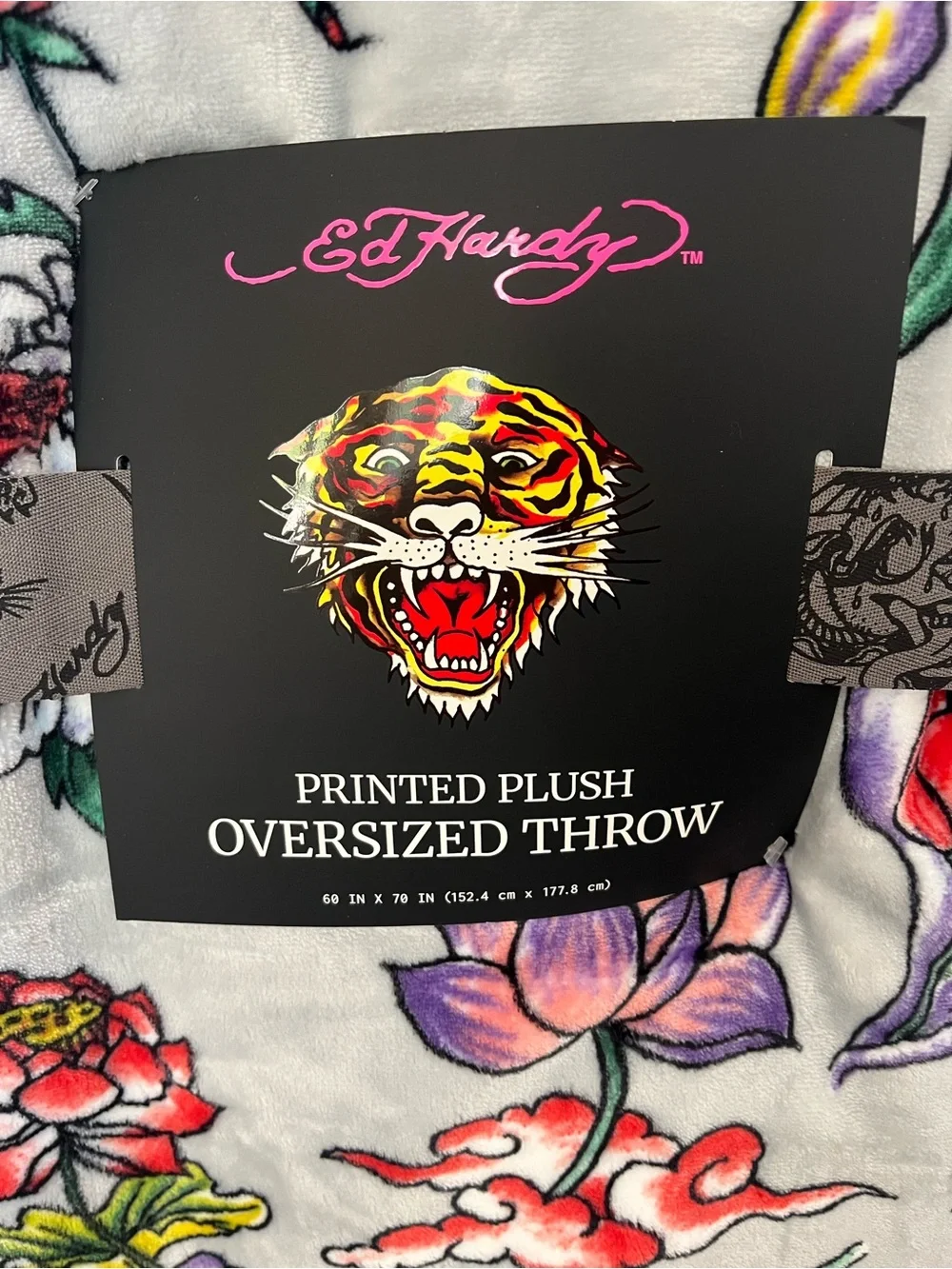 Ed Hardy Floral Printed Plush Oversized Throw Blanket- Light Gray